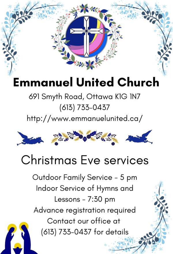 Emmanuel United Church Christmas Eve Hymns and Lessons service, Dec 24, 7:30 pm