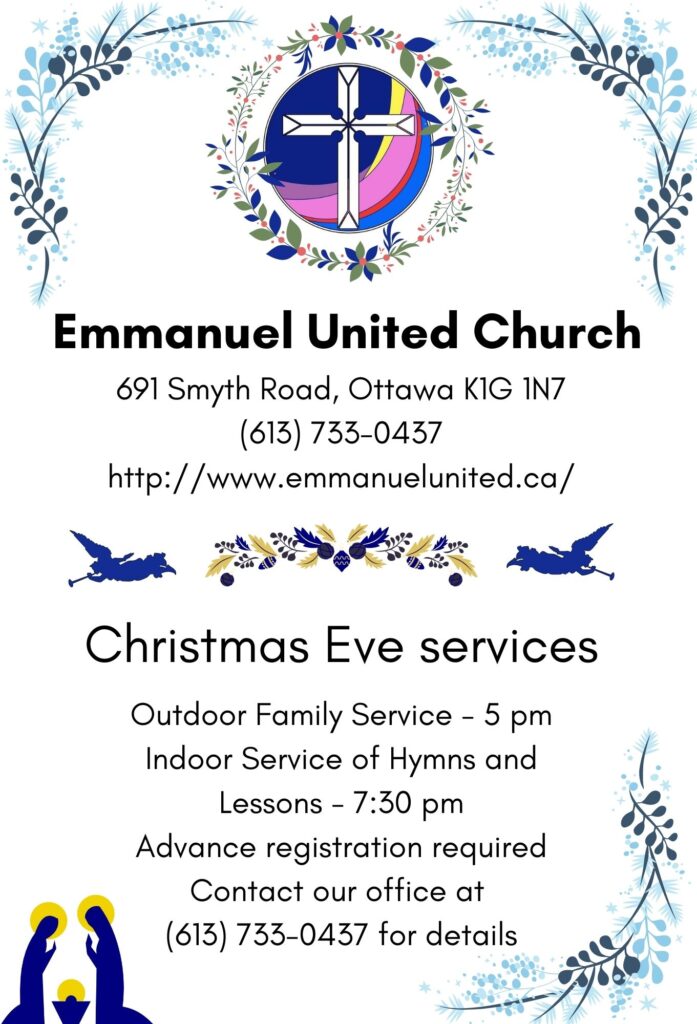 Emmanuel United Church Outdoor Family Christmas Eve service, Dec 24, 5:00 pm in the parking lot