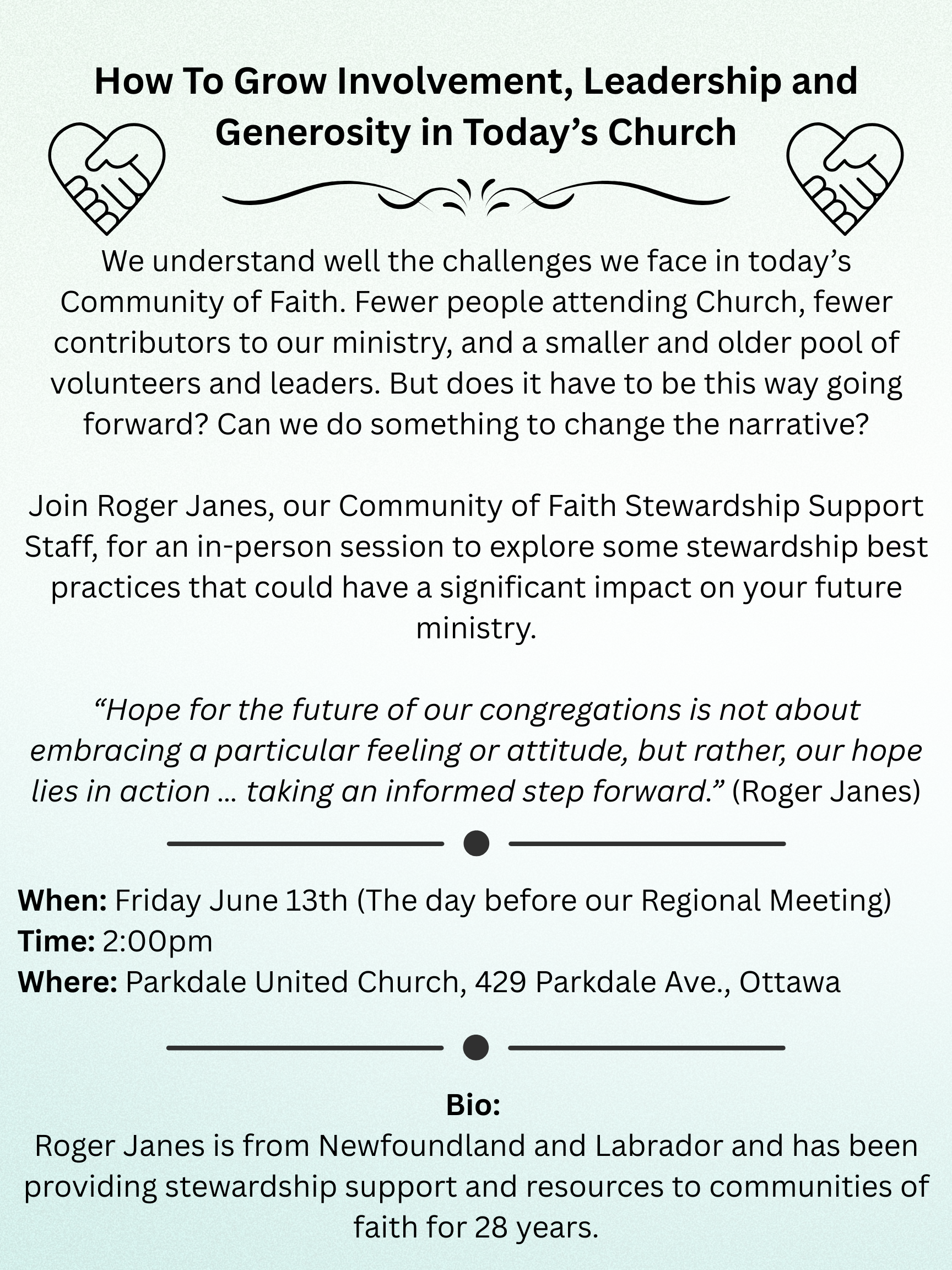 Stewardship Workshop. Ottawa. Promo. June 2025 Poster for event (text is below)